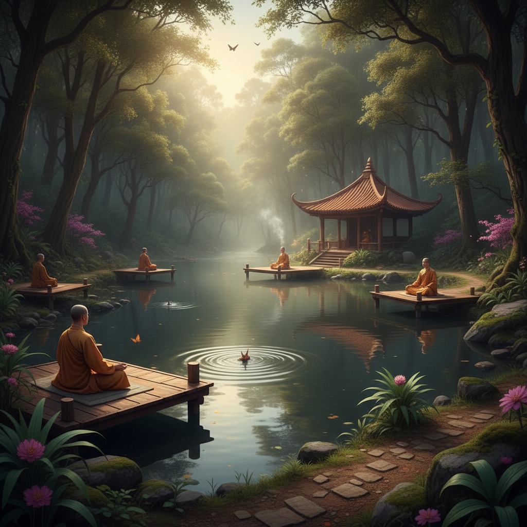 Several monks in orange robes meditate on wooden platforms surrounding a serene pond in a lush, misty forest.