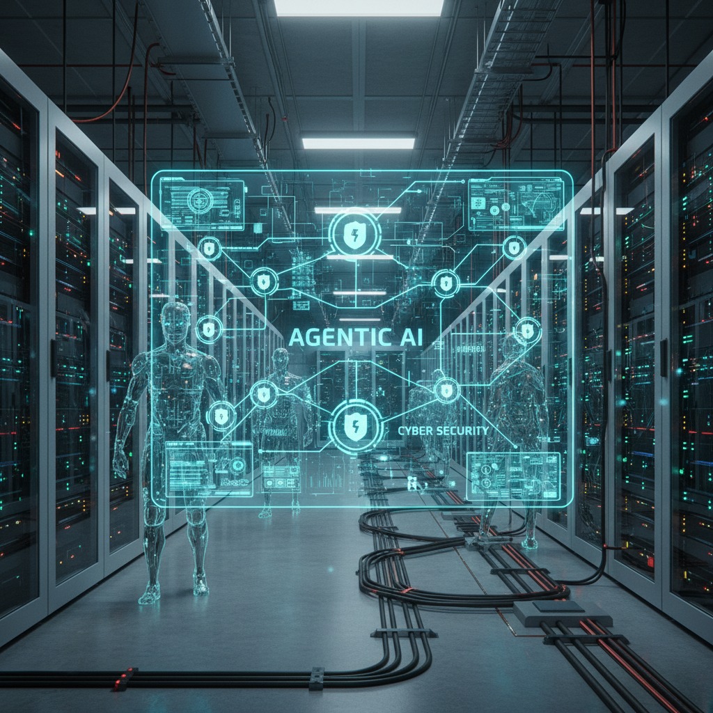 Digital silhouettes of human figures stand in a server room, overlaid with a glowing blue interface displaying "AGENTIC AI" and "CYBER SECURITY" text and network icons.