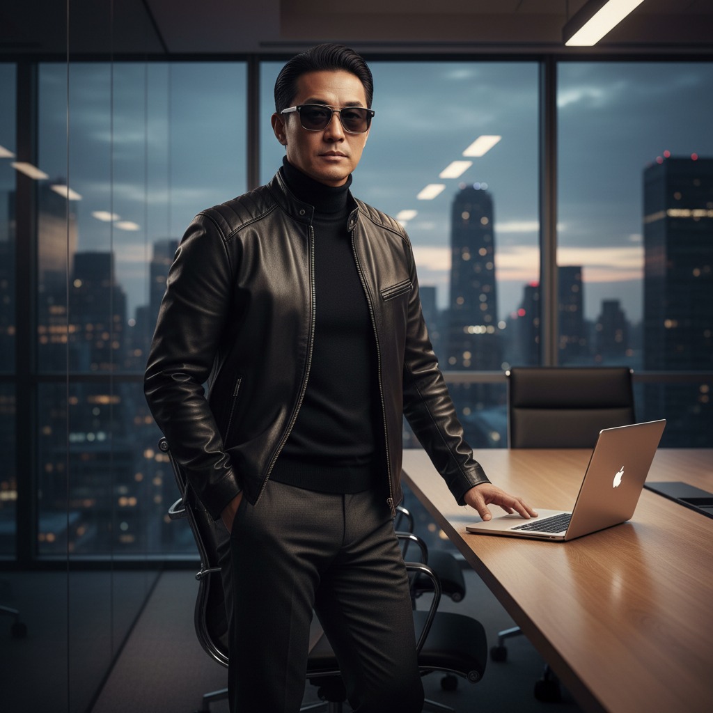 A man in a black leather jacket and sunglasses stands in a modern office boardroom with a city skyline visible through the windows.