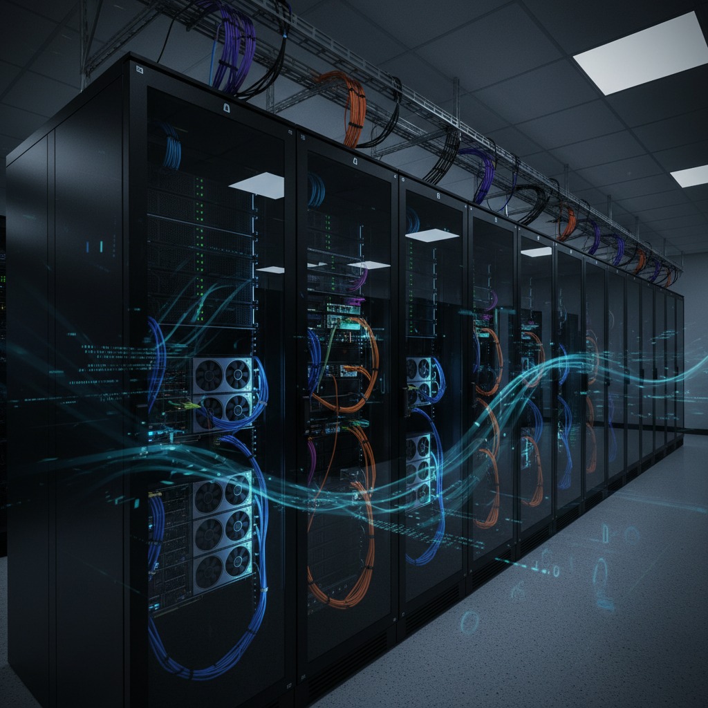 A row of black server racks in a data center with glowing blue digital data streams flowing through the room.