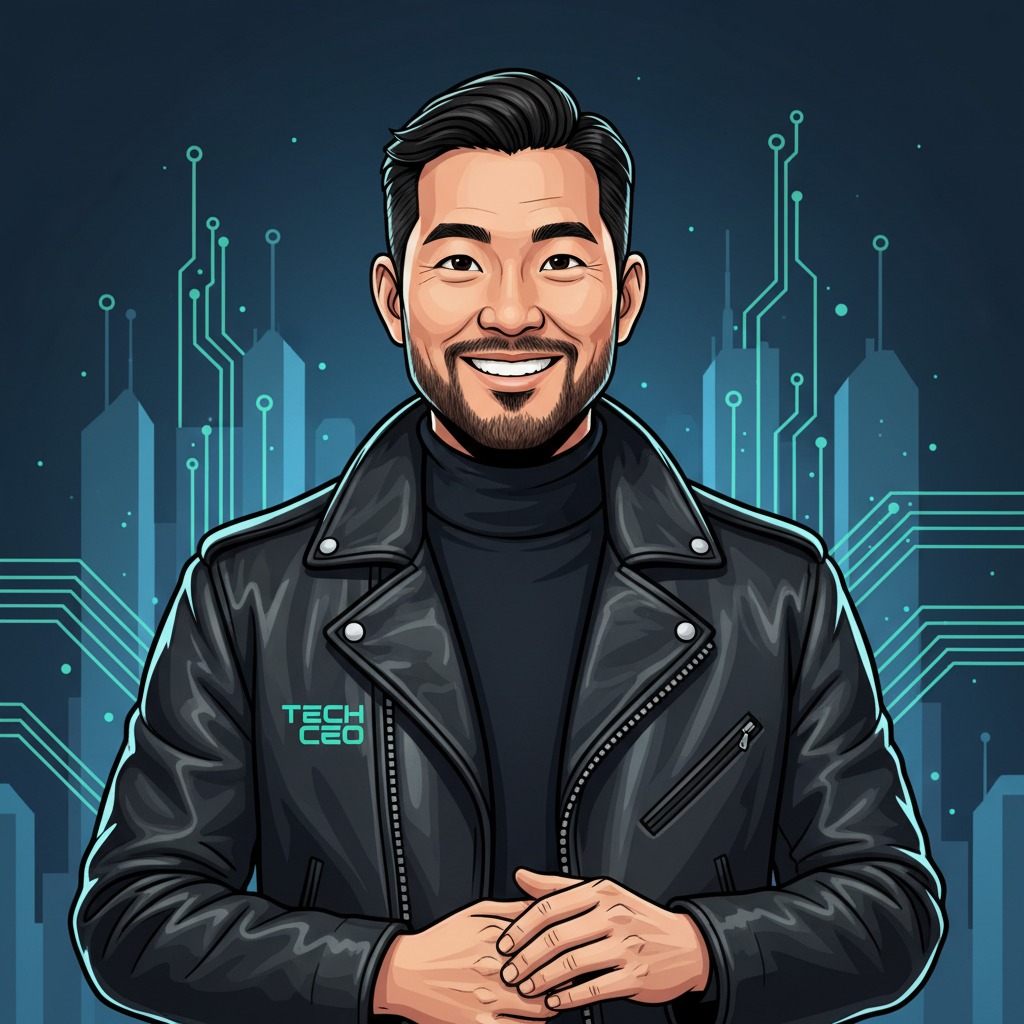 A smiling man with a beard wearing a black leather jacket stands in front of a digital city skyline background.